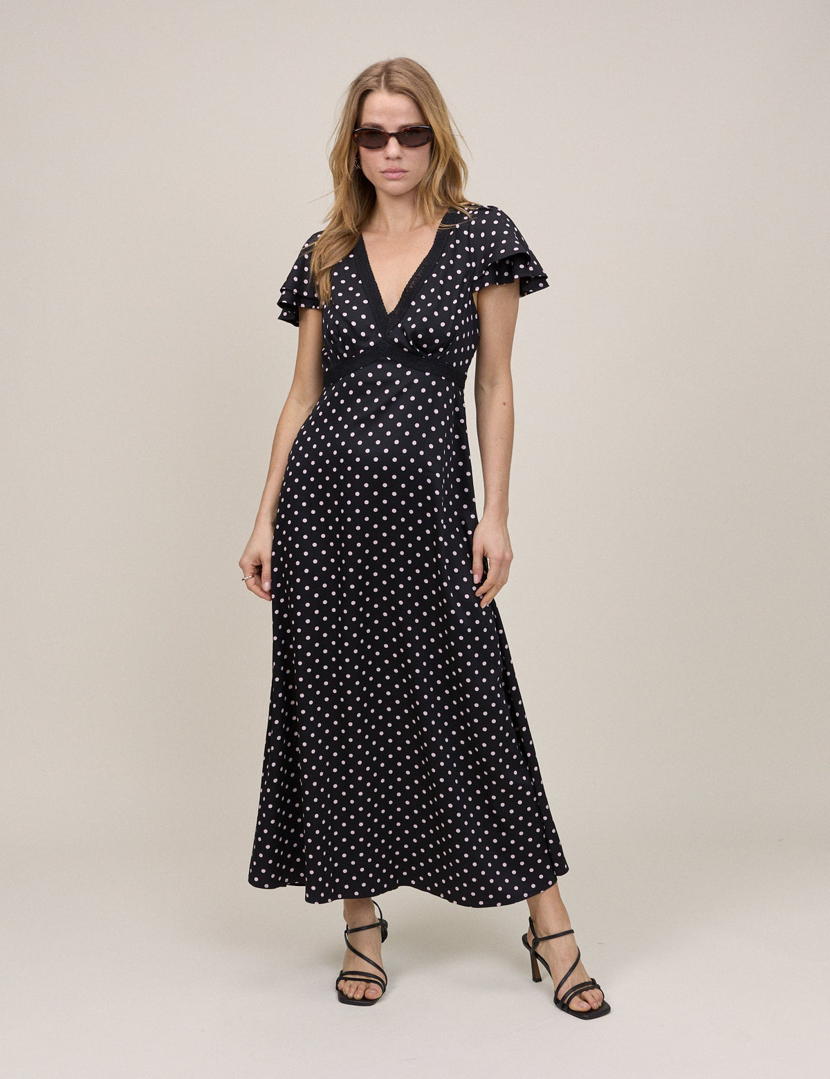 Black Polka Dot Lace Trim Iris Midi Dress