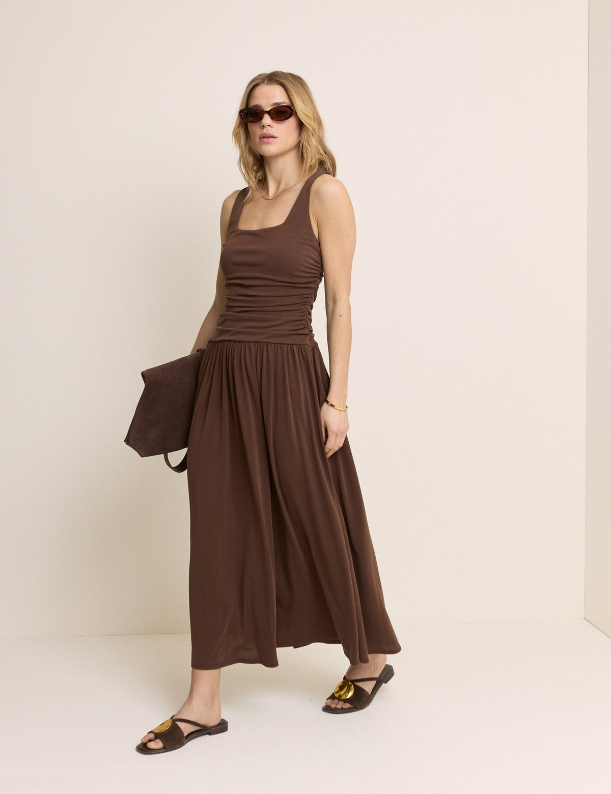 Brown Ruched Jersey Sleeveless Natalie Midi Dress