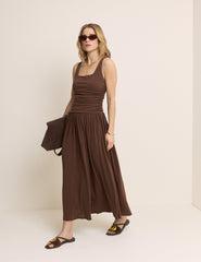 Brown Ruched Jersey Sleeveless Natalie Midi Dress