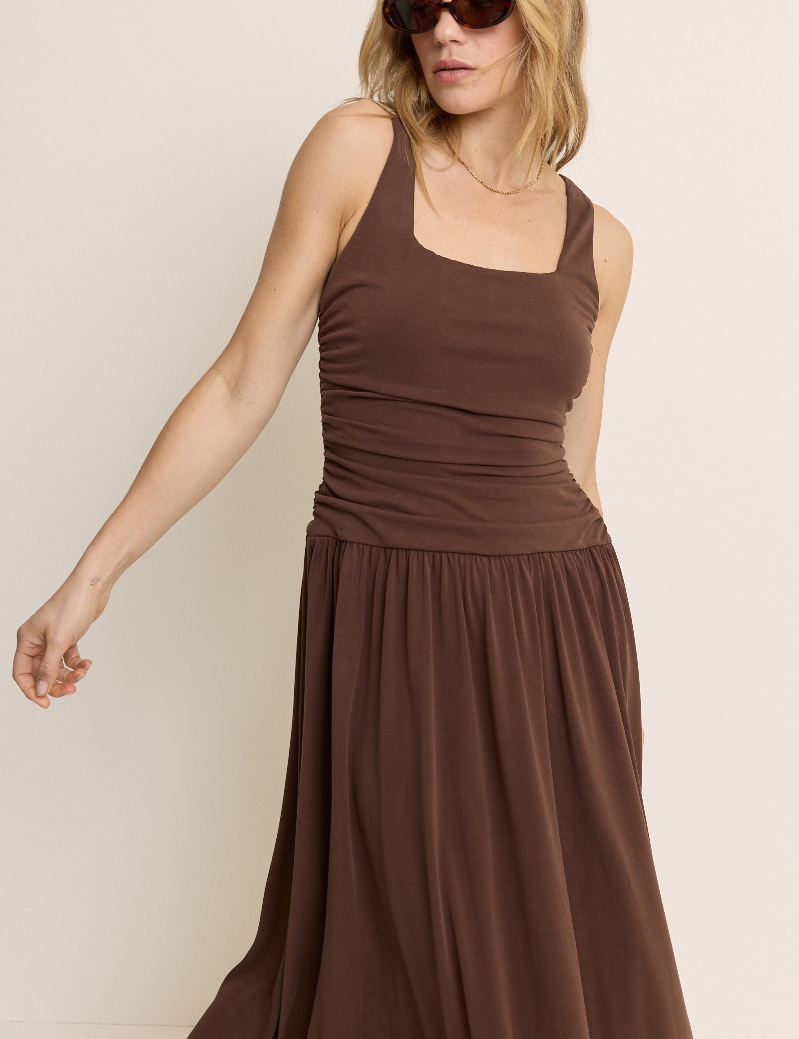 Brown Ruched Jersey Sleeveless Natalie Midi Dress