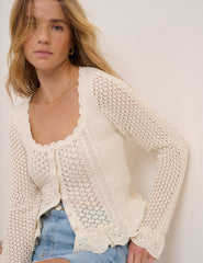 Cream Pointelle Frill Button Through Cardigan