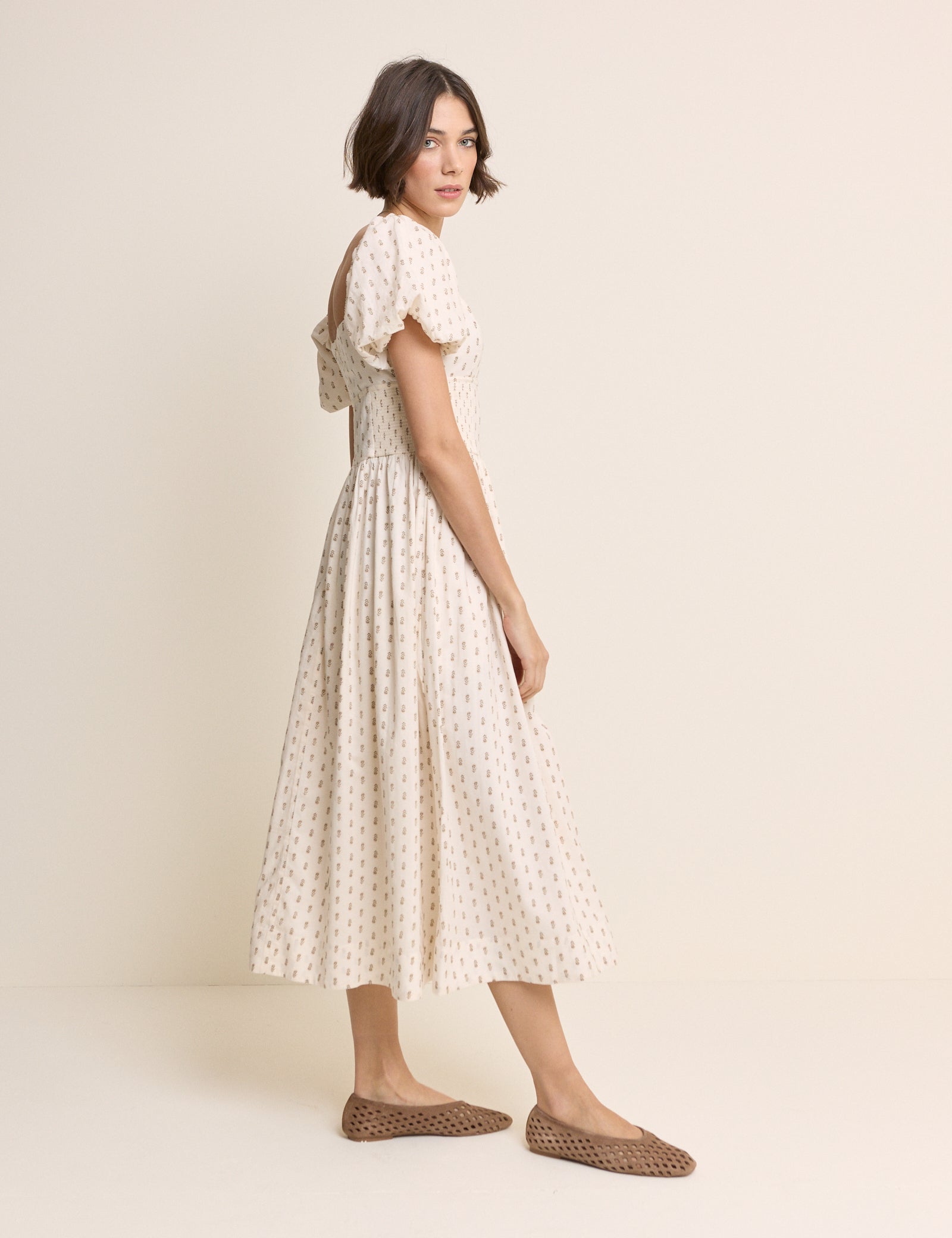 Ivory Floral Puff Sleeve Mara Midi Dress