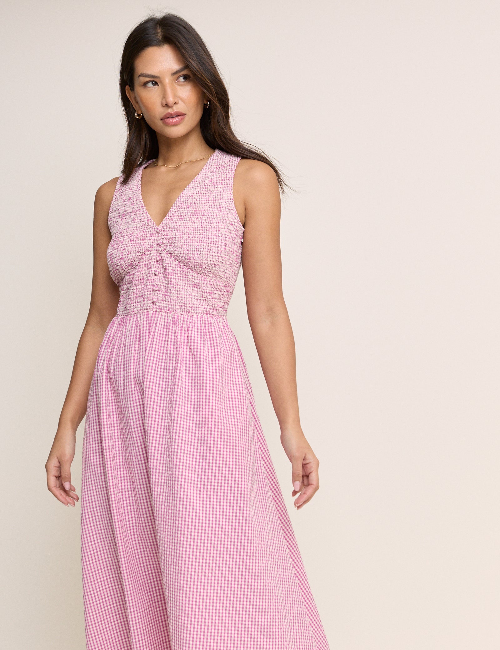 Pink Gingham Sleeveless Eliza Midi Dress