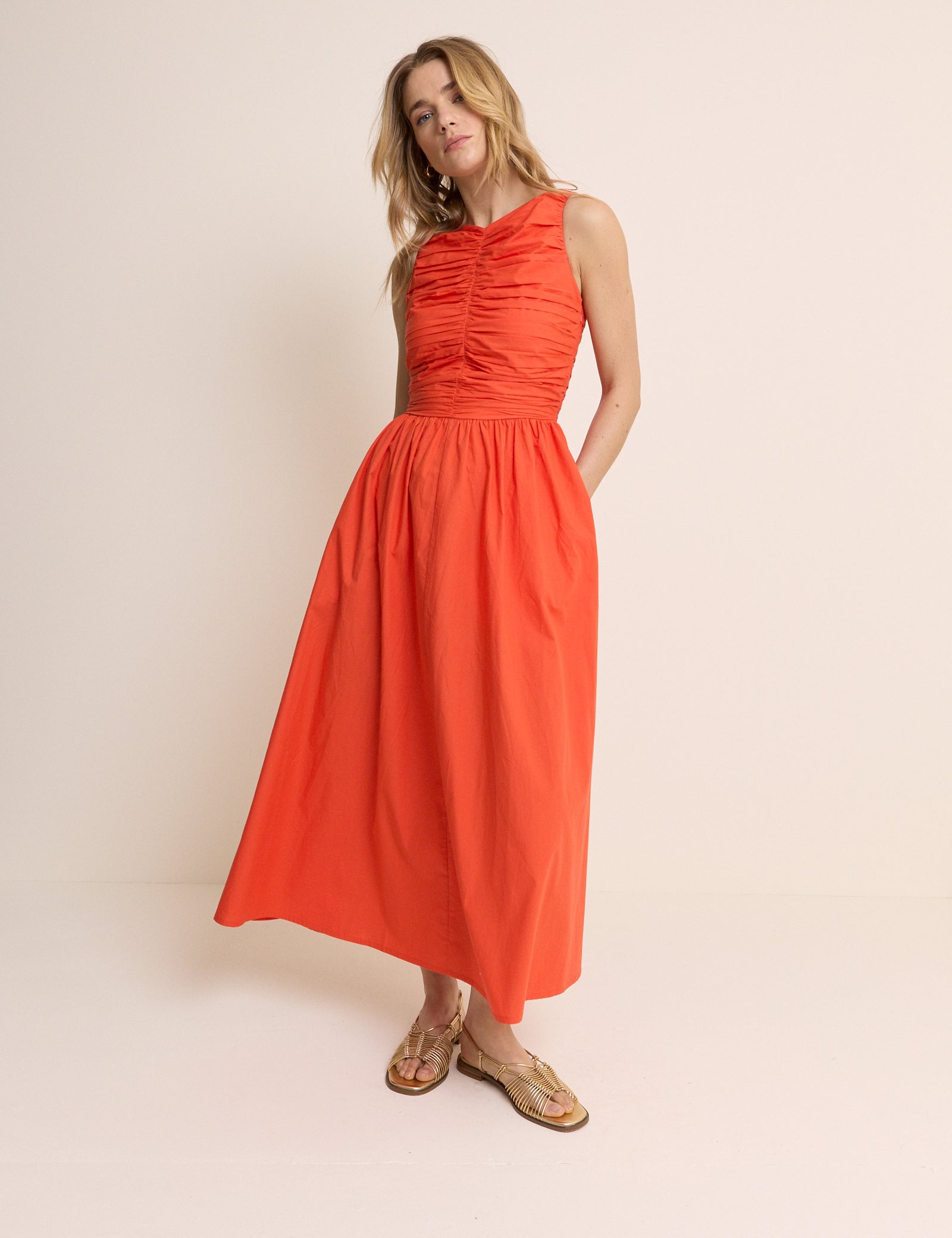 Orange Ruched Monica Midi Dress