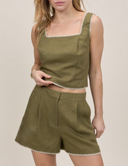 Khaki Whipstitch Tailored Short