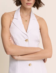 White Linen-Blend Halter Neck Tailored Midi Dress