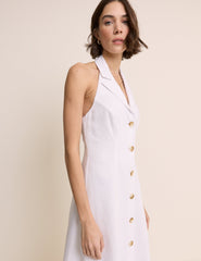 White Linen-Blend Halter Neck Tailored Midi Dress