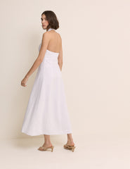 White Linen-Blend Halter Neck Tailored Midi Dress