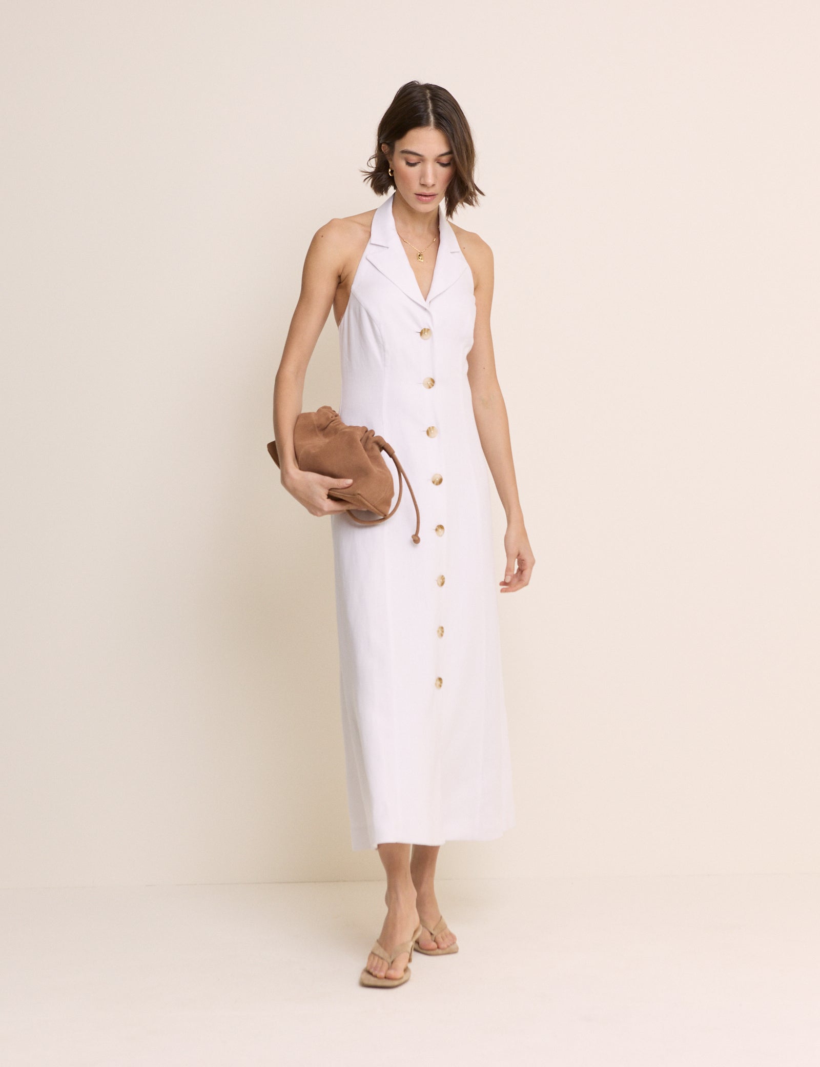 White Linen-Blend Halter Neck Tailored Midi Dress