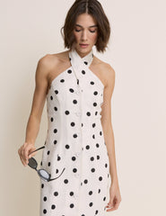 Polka Dot Wrap Neck Tailored Midi Dress