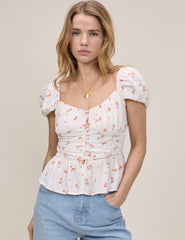 White Floral Ruched Top