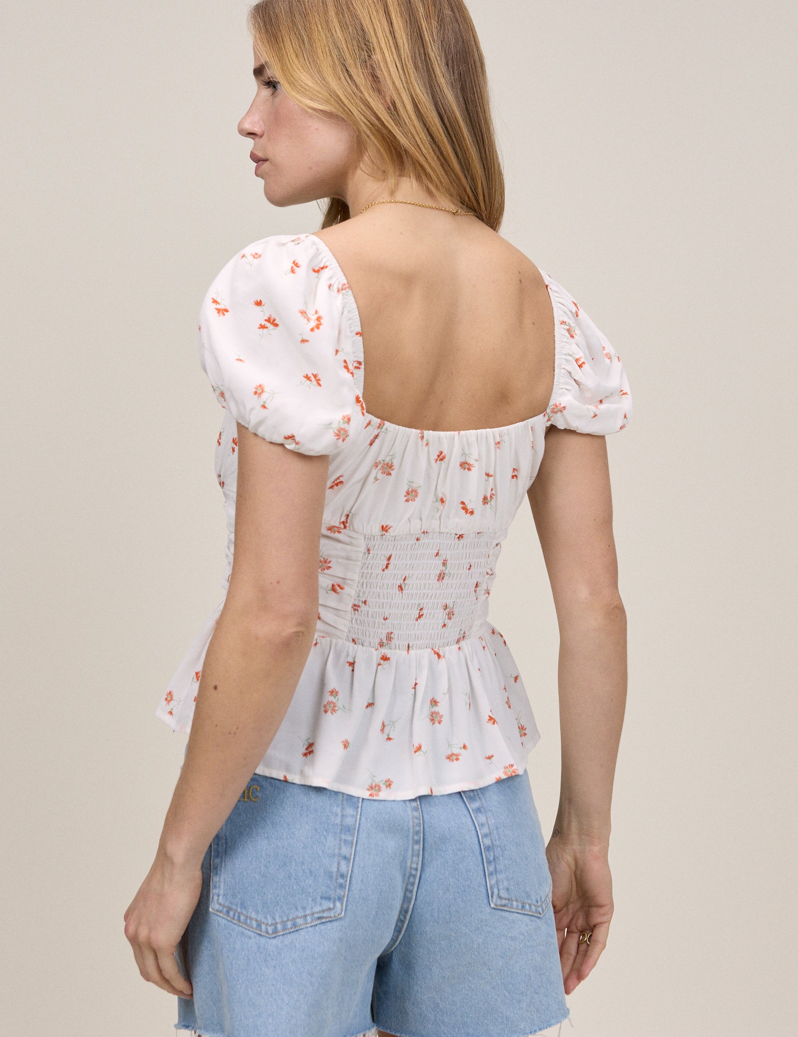 White Floral Ruched Top