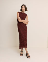 Burgundy Floral Lace Cece Midi Dress