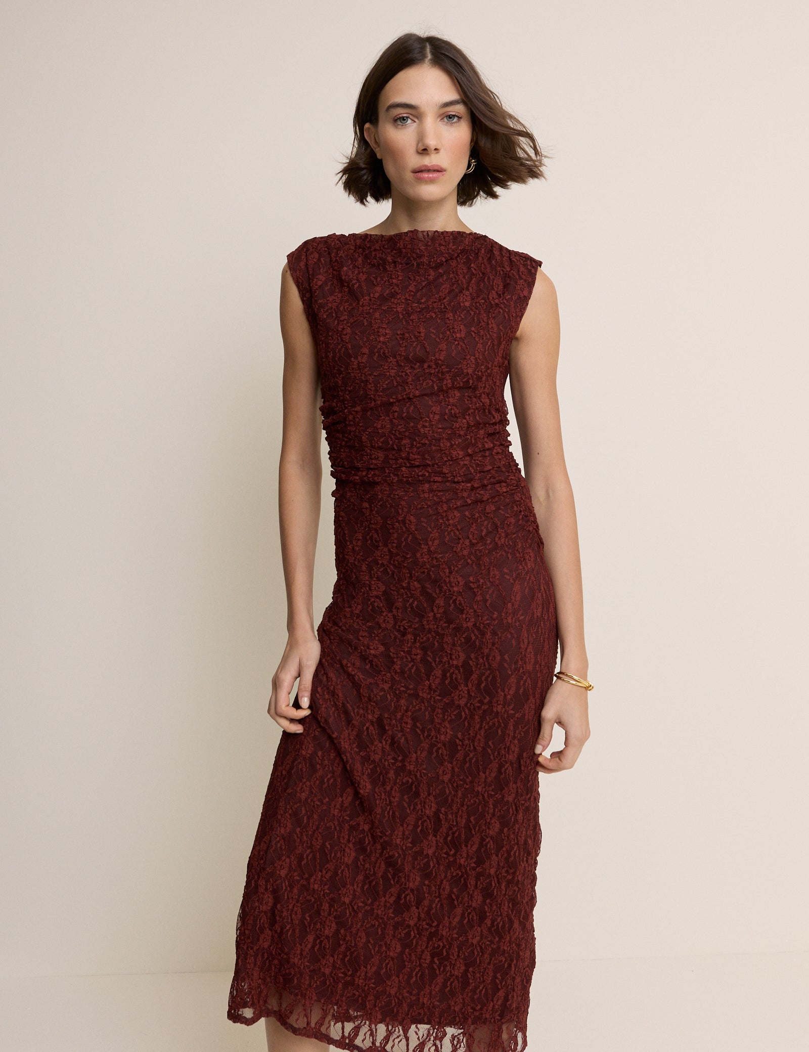 Burgundy Floral Lace Cece Midi Dress
