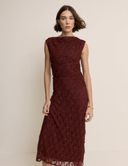 Burgundy Floral Lace Cece Midi Dress