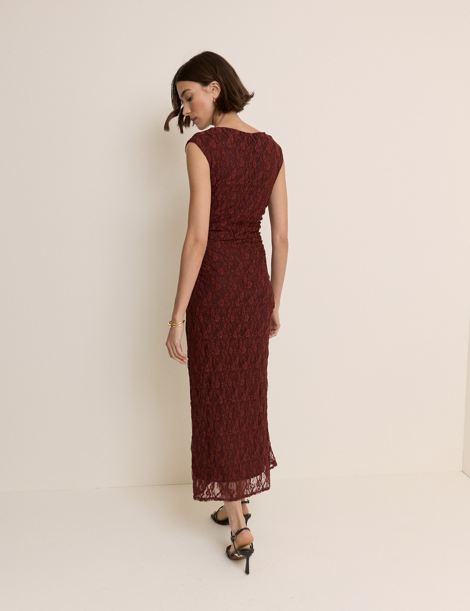 Burgundy Floral Lace Cece Midi Dress