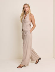 Beige Linen-Blend Halter Neck Moss Waistcoat
