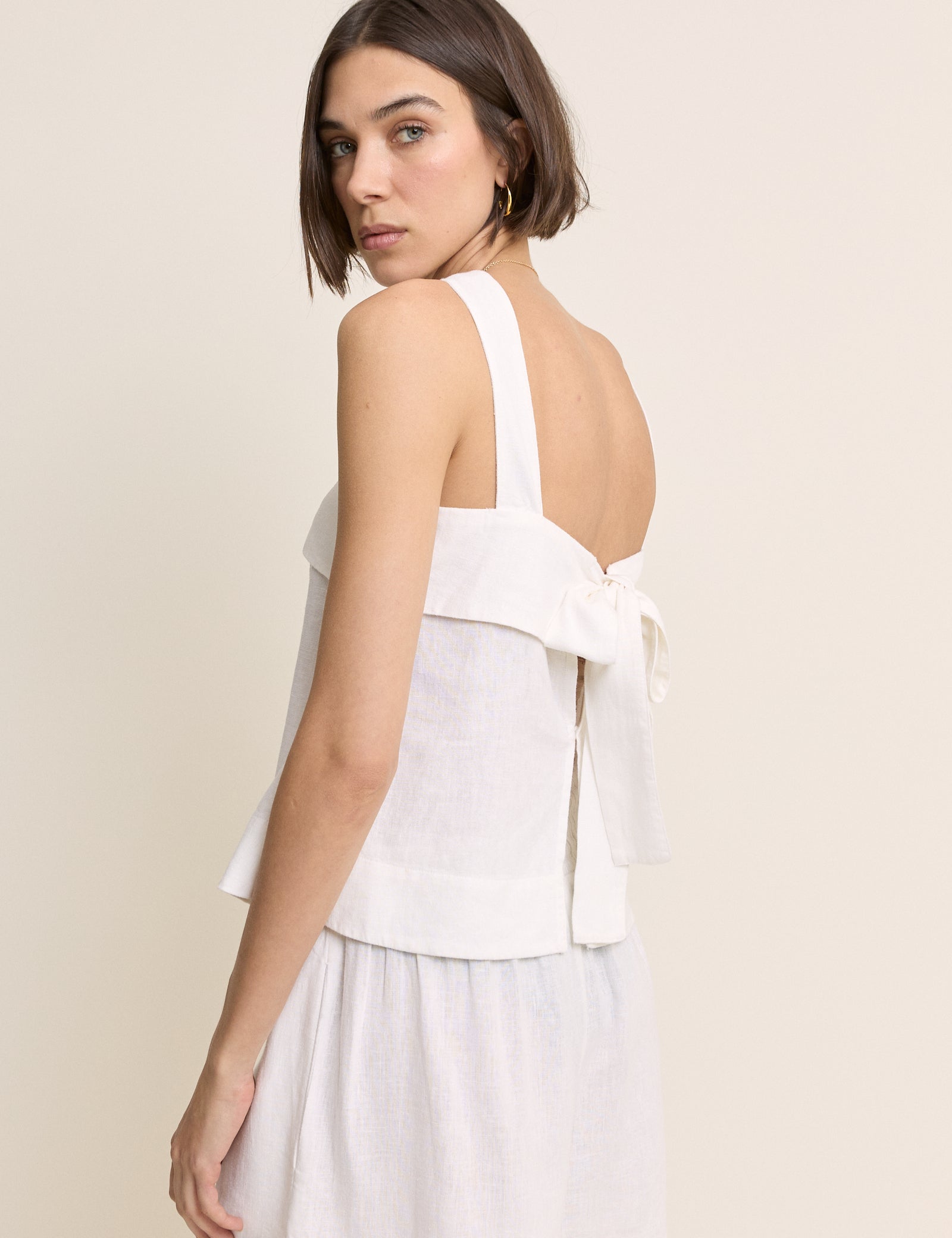 White Tie Back Linen-Blend Tank Top
