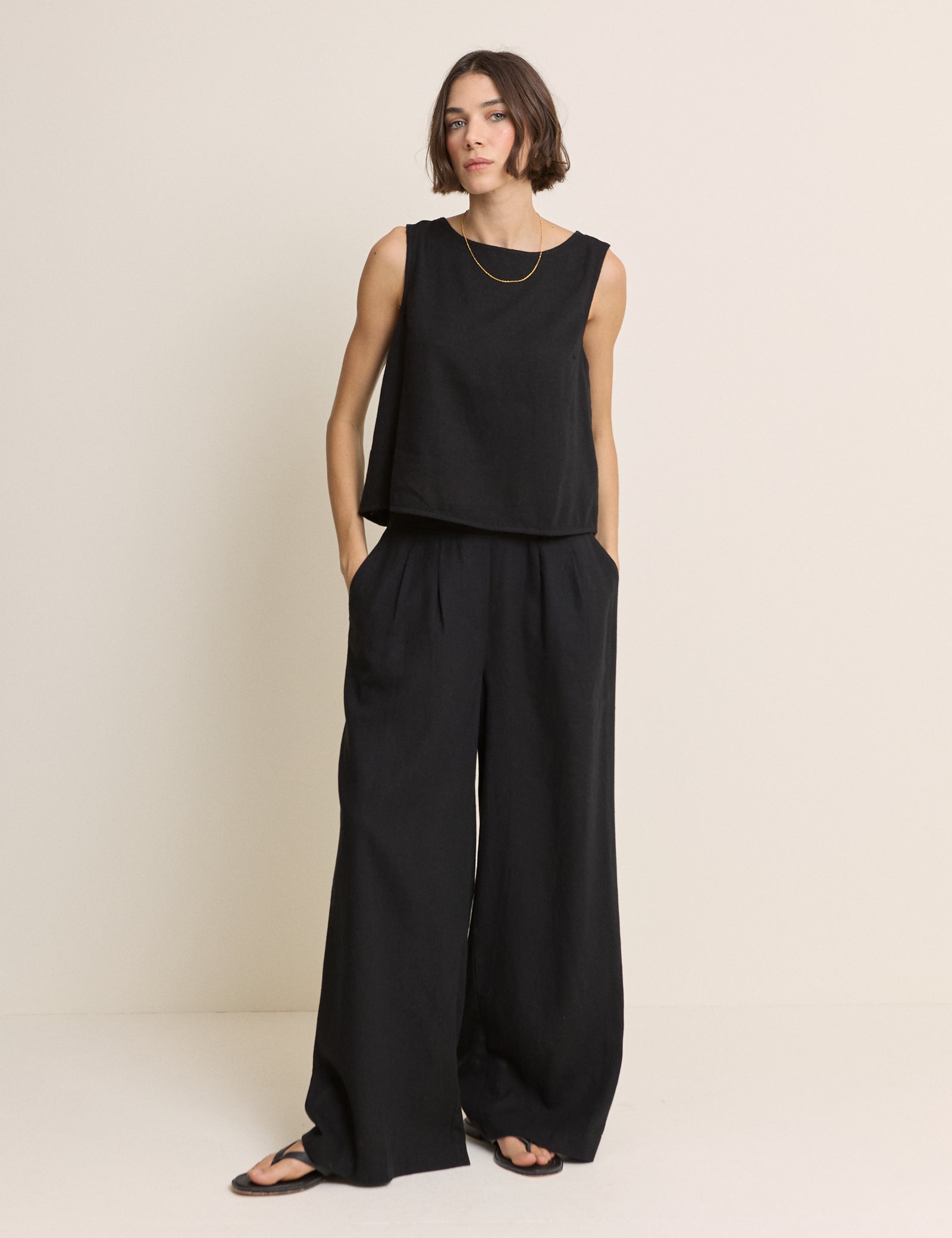 Black Wrap Detail Linen-Blend Tank Top