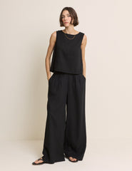 Black Wrap Detail Linen-Blend Tank Top
