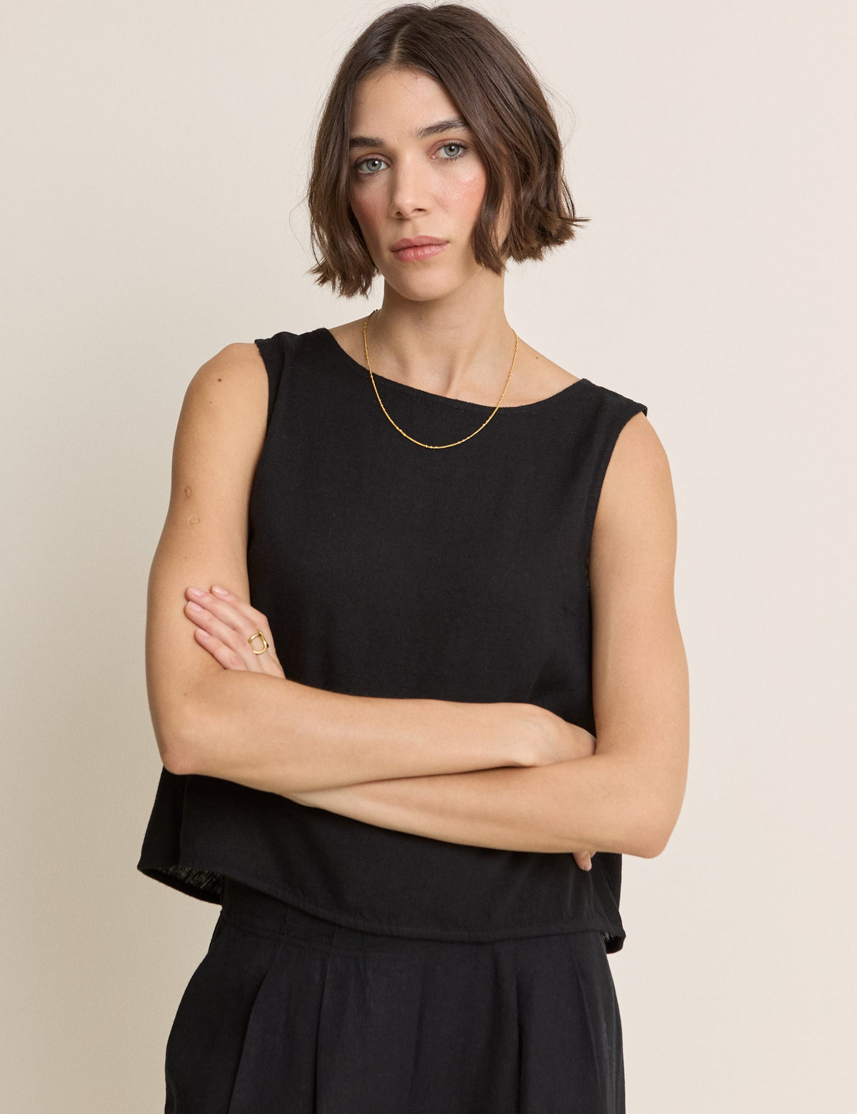 Black Wrap Detail Linen-Blend Tank Top