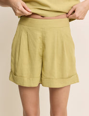 Green Linen-Blend Torrent Turn Up Shorts