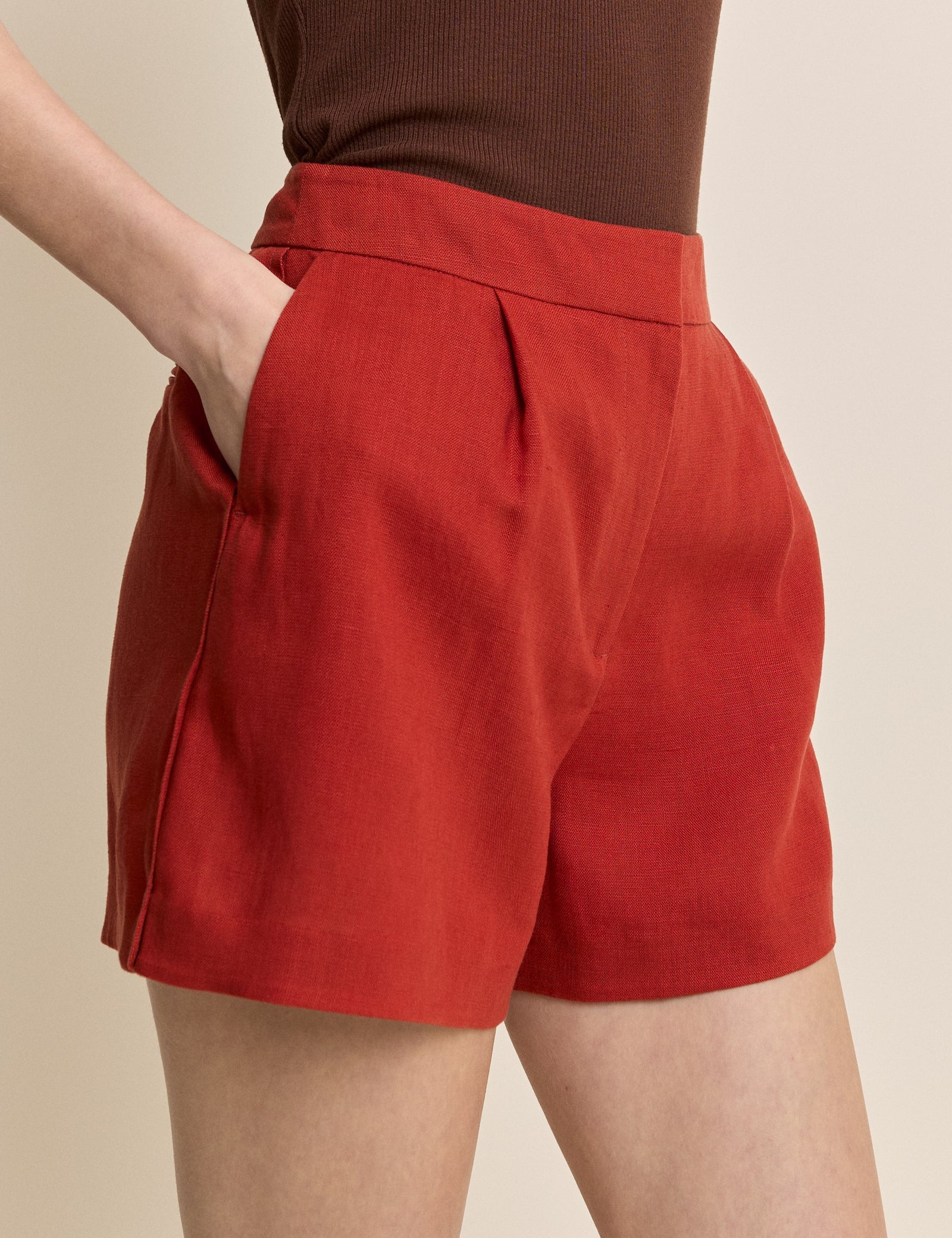 Red Linen-blend Tailored Shorts