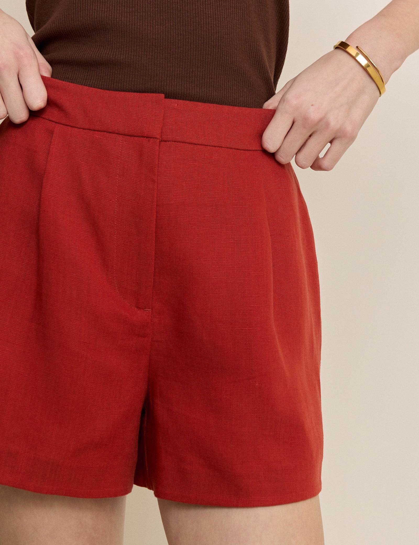 Red Linen-blend Tailored Shorts