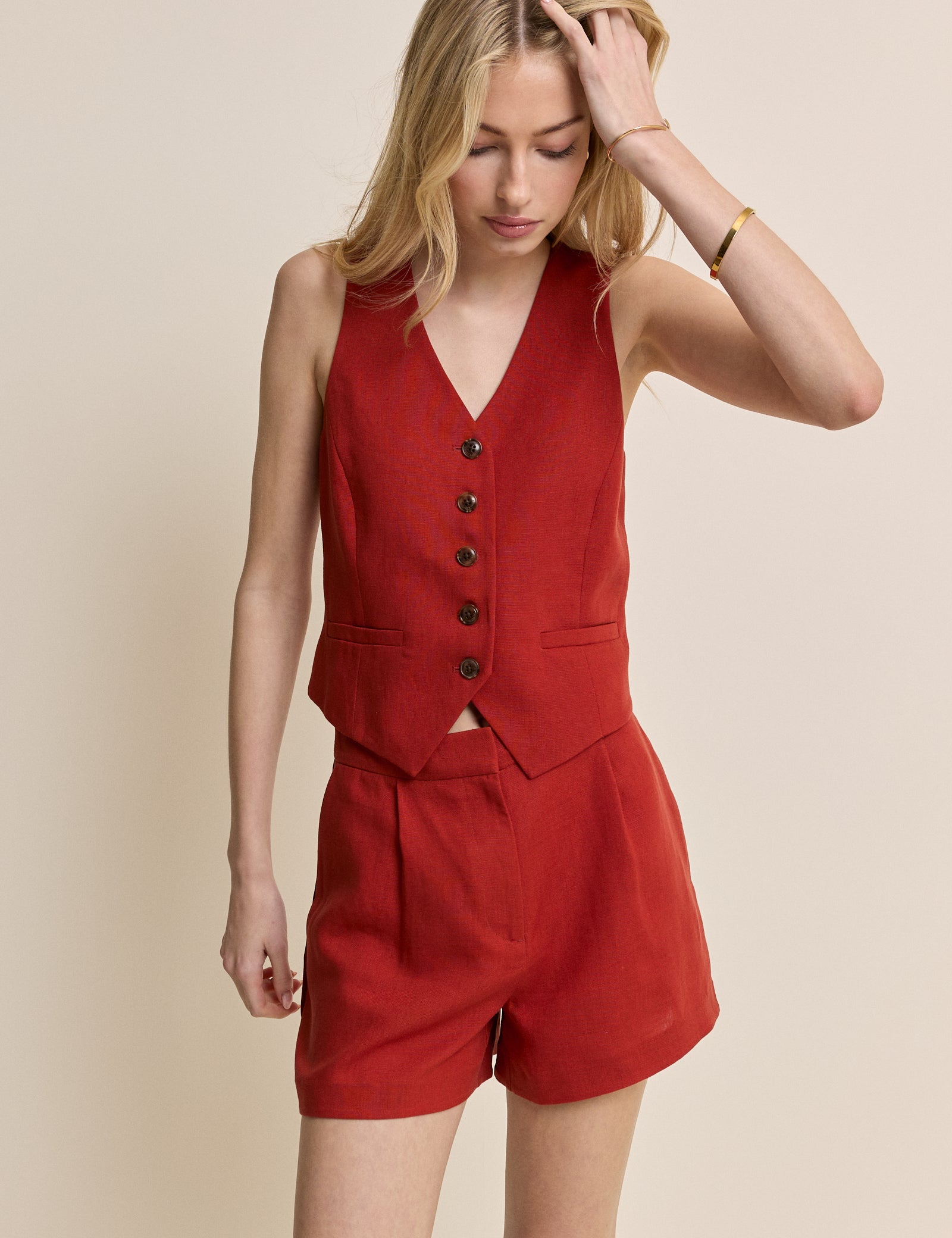 Red Linen-blend Tailored Shorts