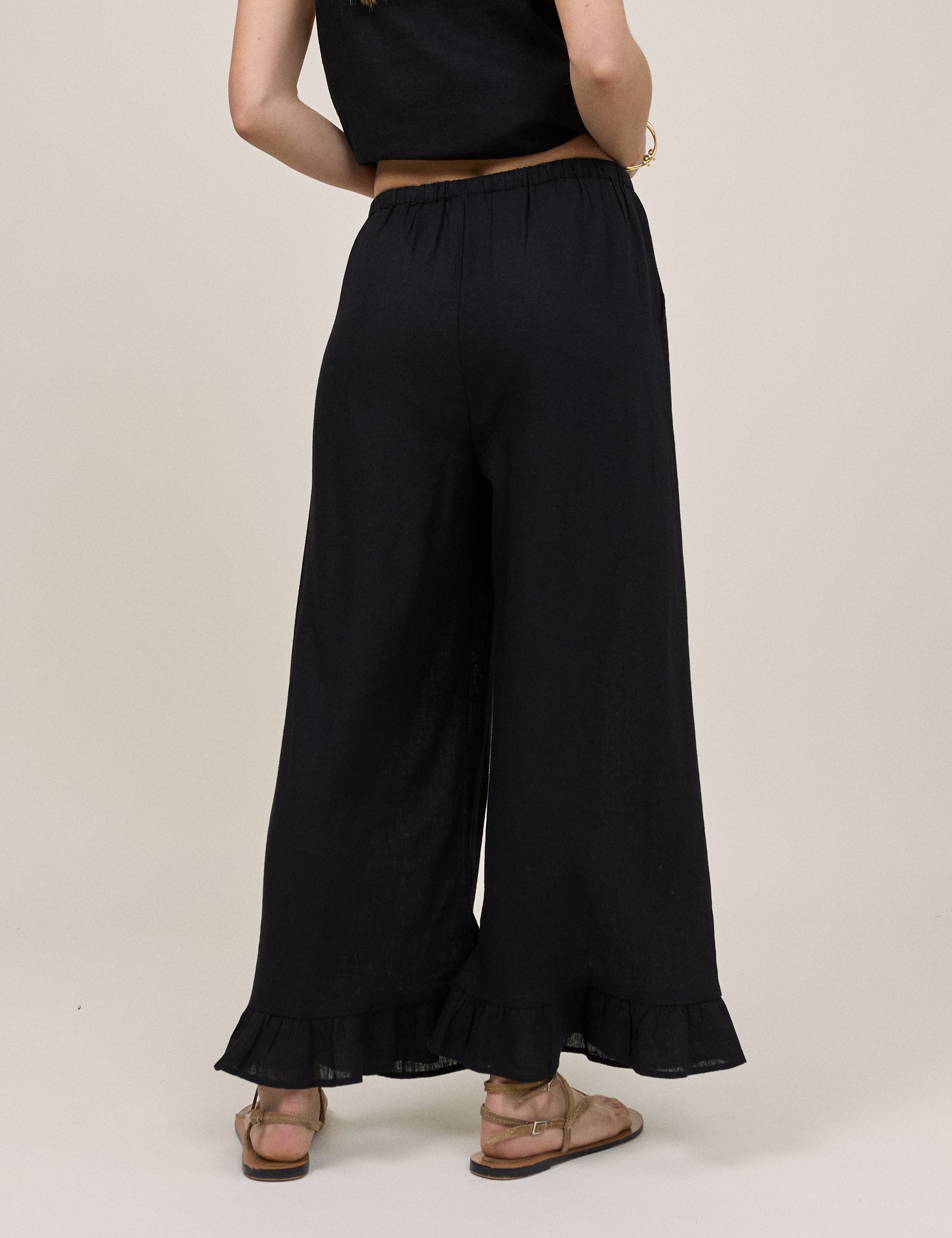 Black Linen-Blend Cropped Sia Trouser