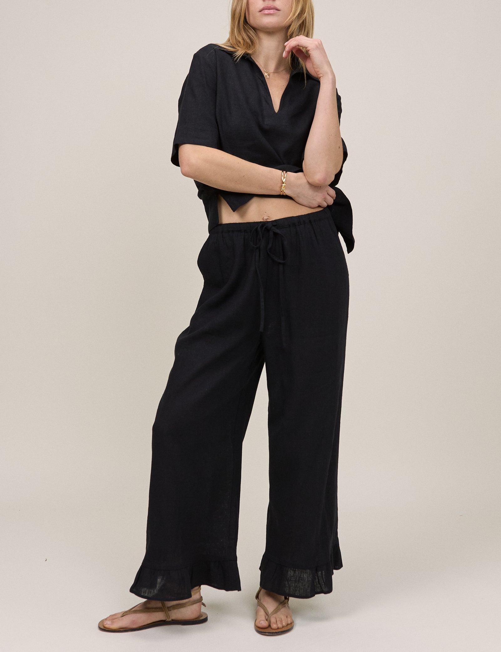 Black Linen-Blend Cropped Sia Trouser