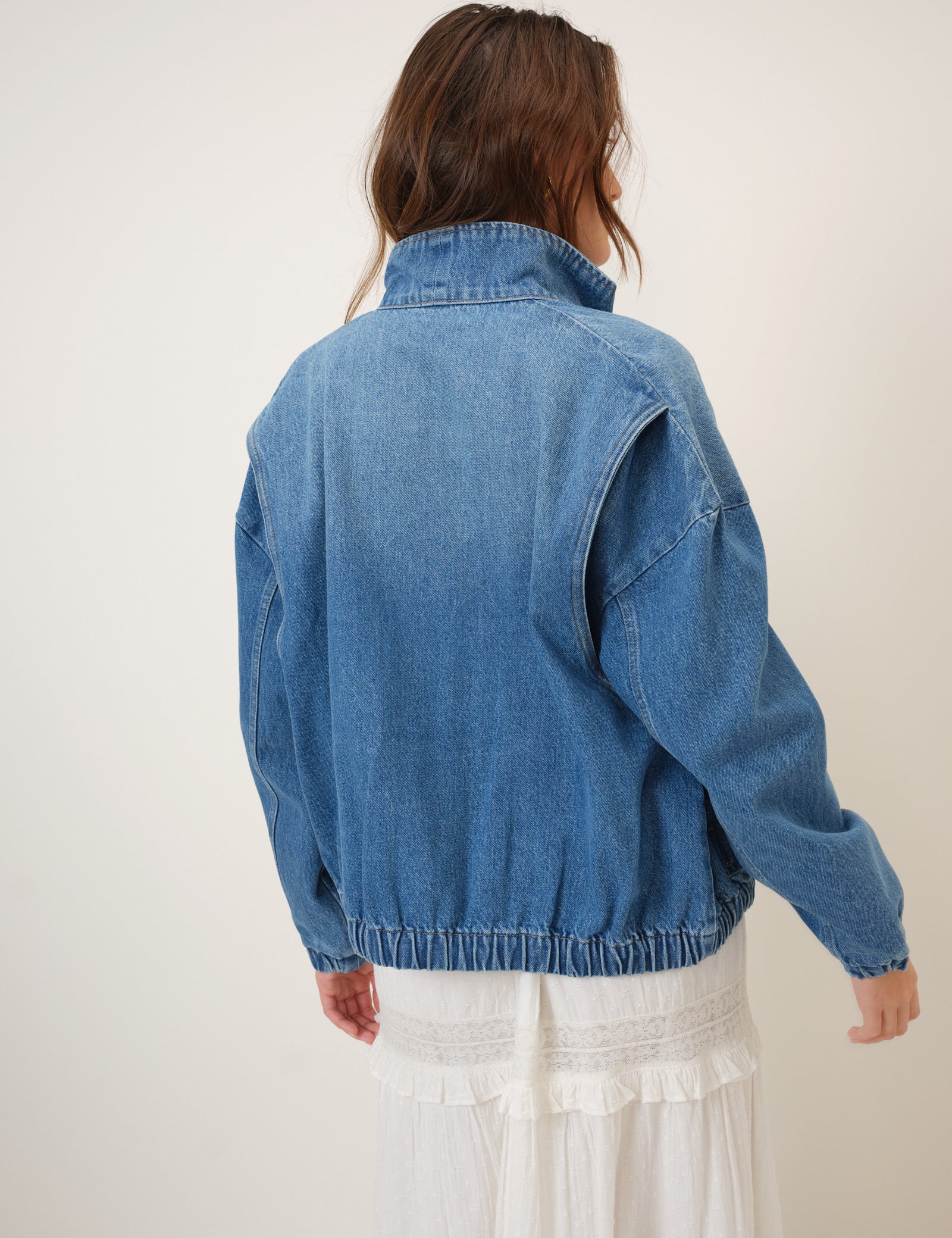 Denim Funnel Neck Bomber Jacket