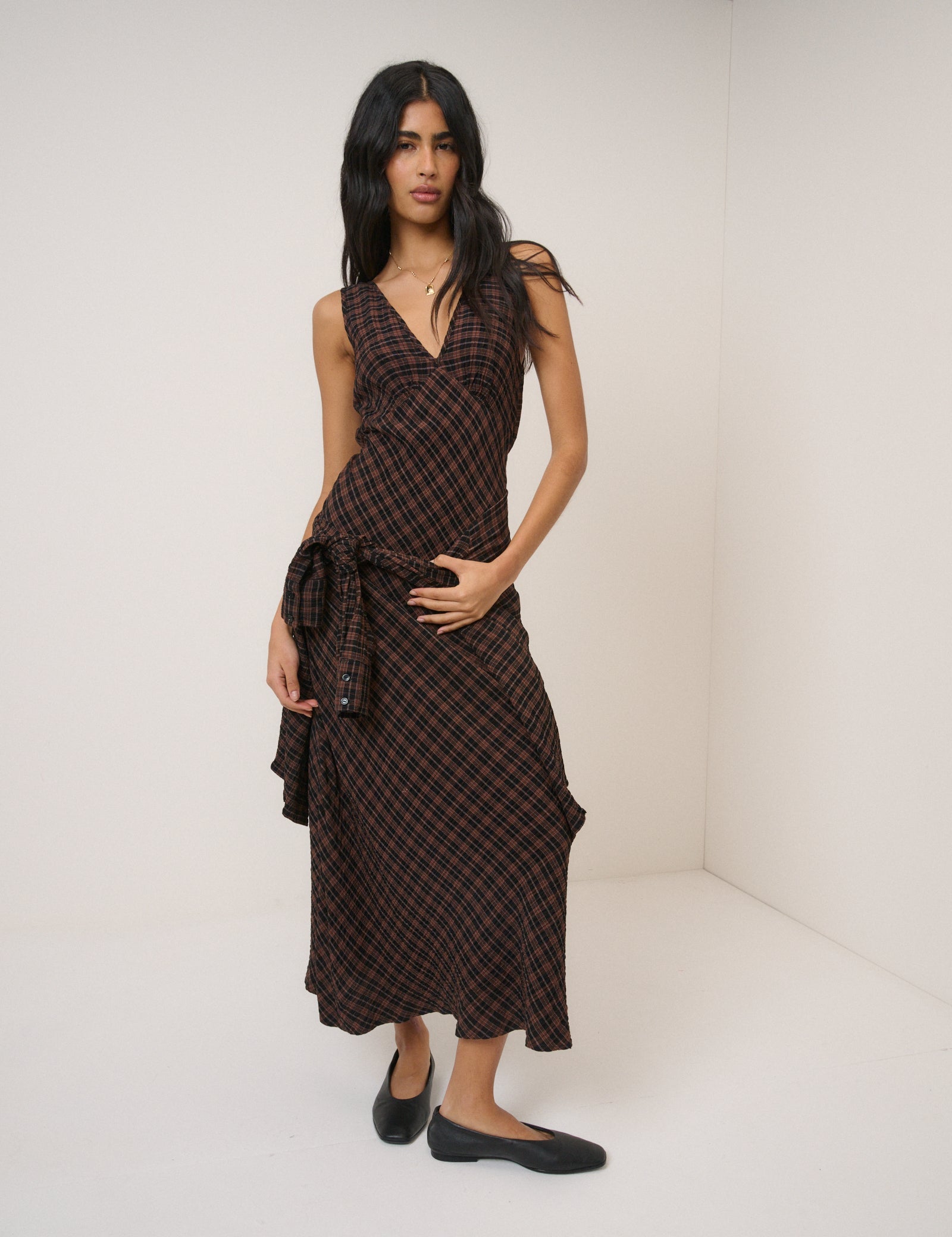 Brown Check Harmony Sleeveless Midi Dress