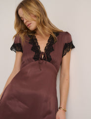 Brown Lace Trim Aida Midi Dress