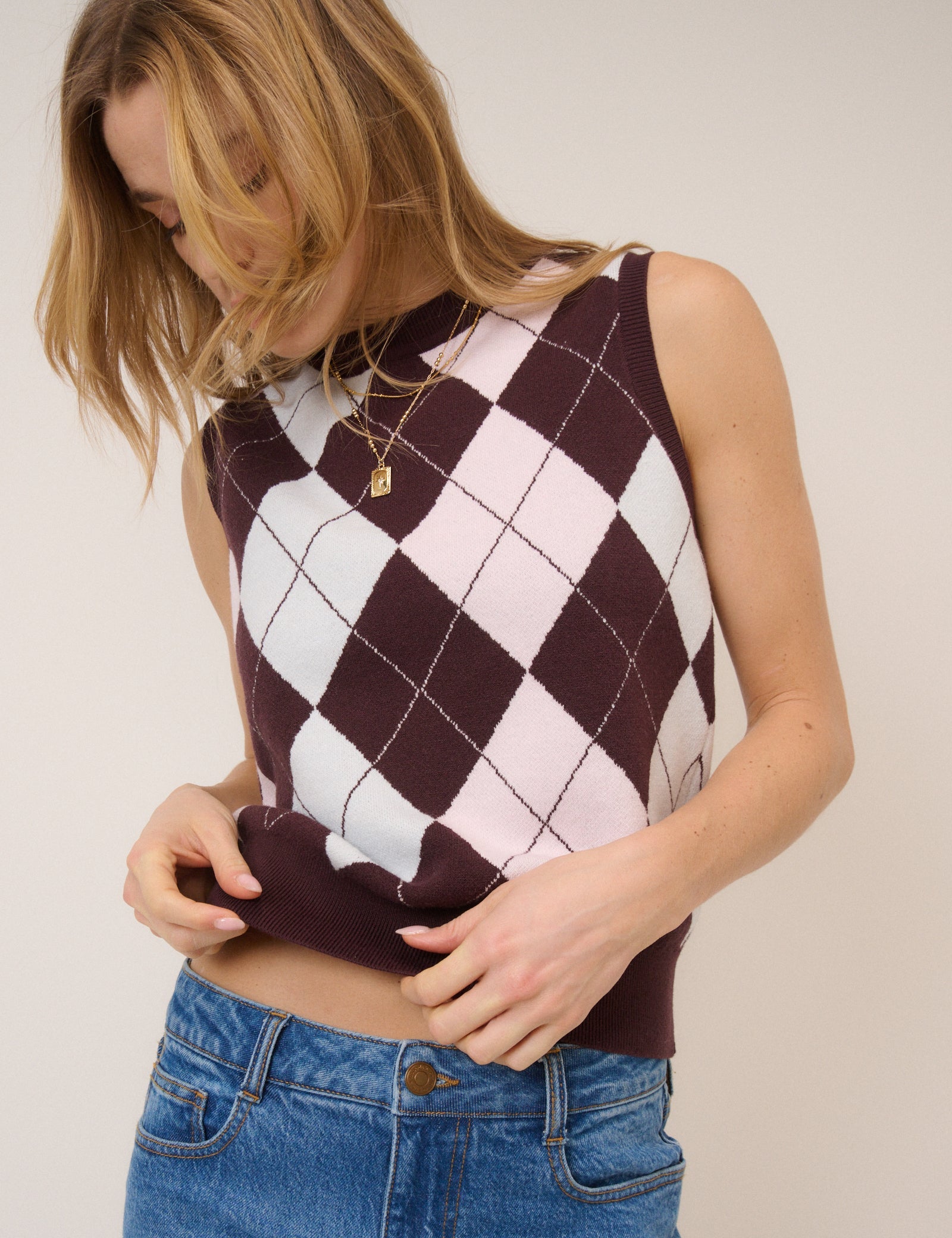 Pink And Brown Knitted Argyle Vest Top