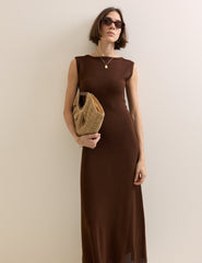 Brown Boat Neck Colbie Midi Dress