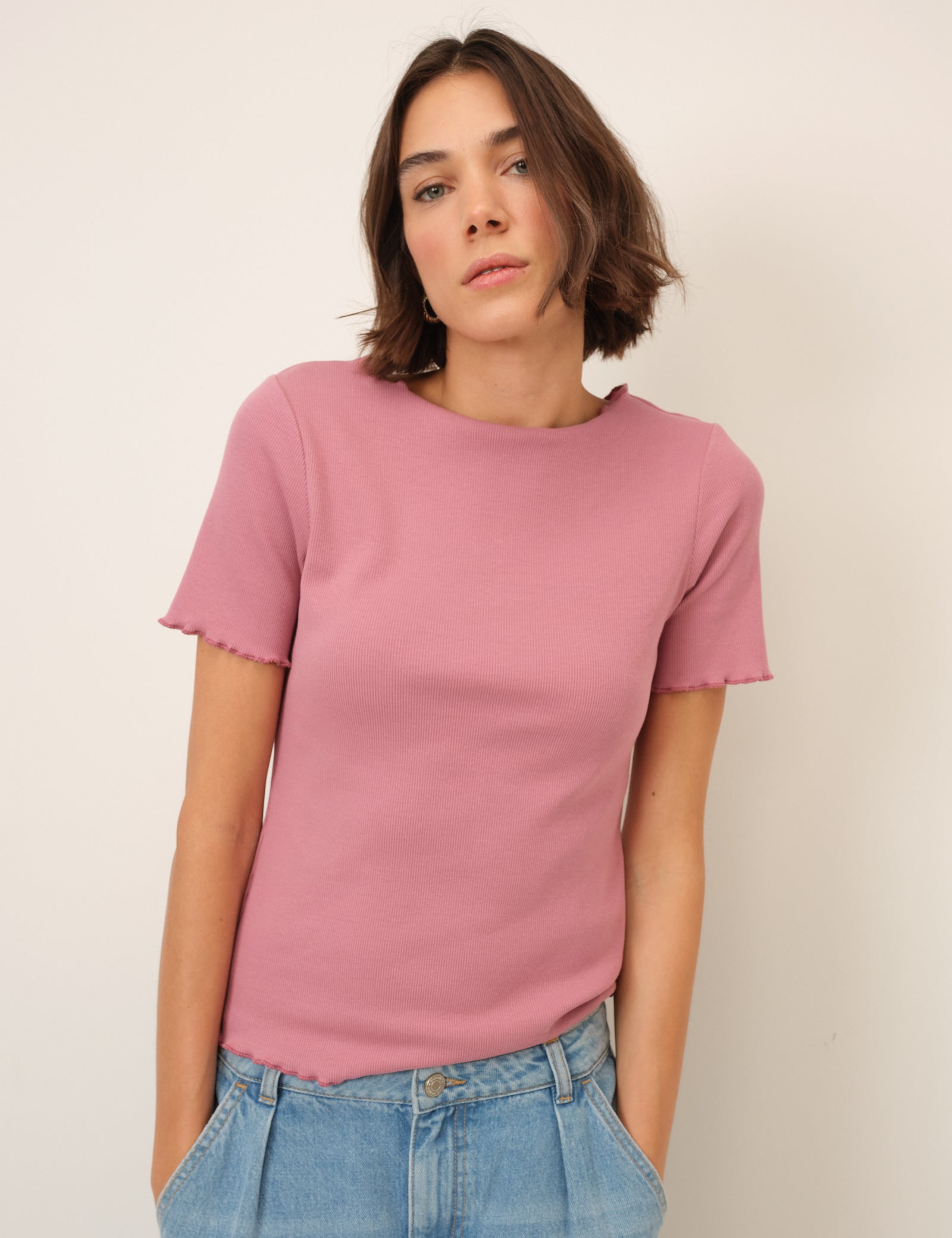 Pink Boat Neck Ribbed Top