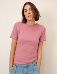 Pink Boat Neck Ribbed Top