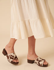 Brown Cow Print Leather Heeled Clogs