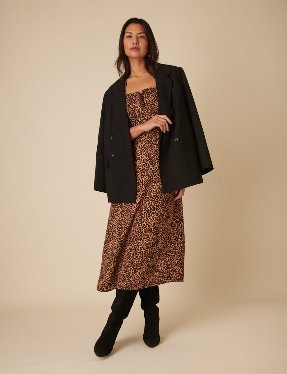 Brown Leopard Print Prarie Midi Dress