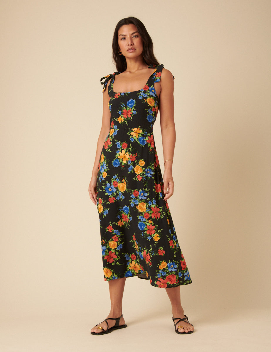 Black Floral Adrian Midi Dress