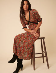 Red Ditsy Floral Sophia Midi Dress