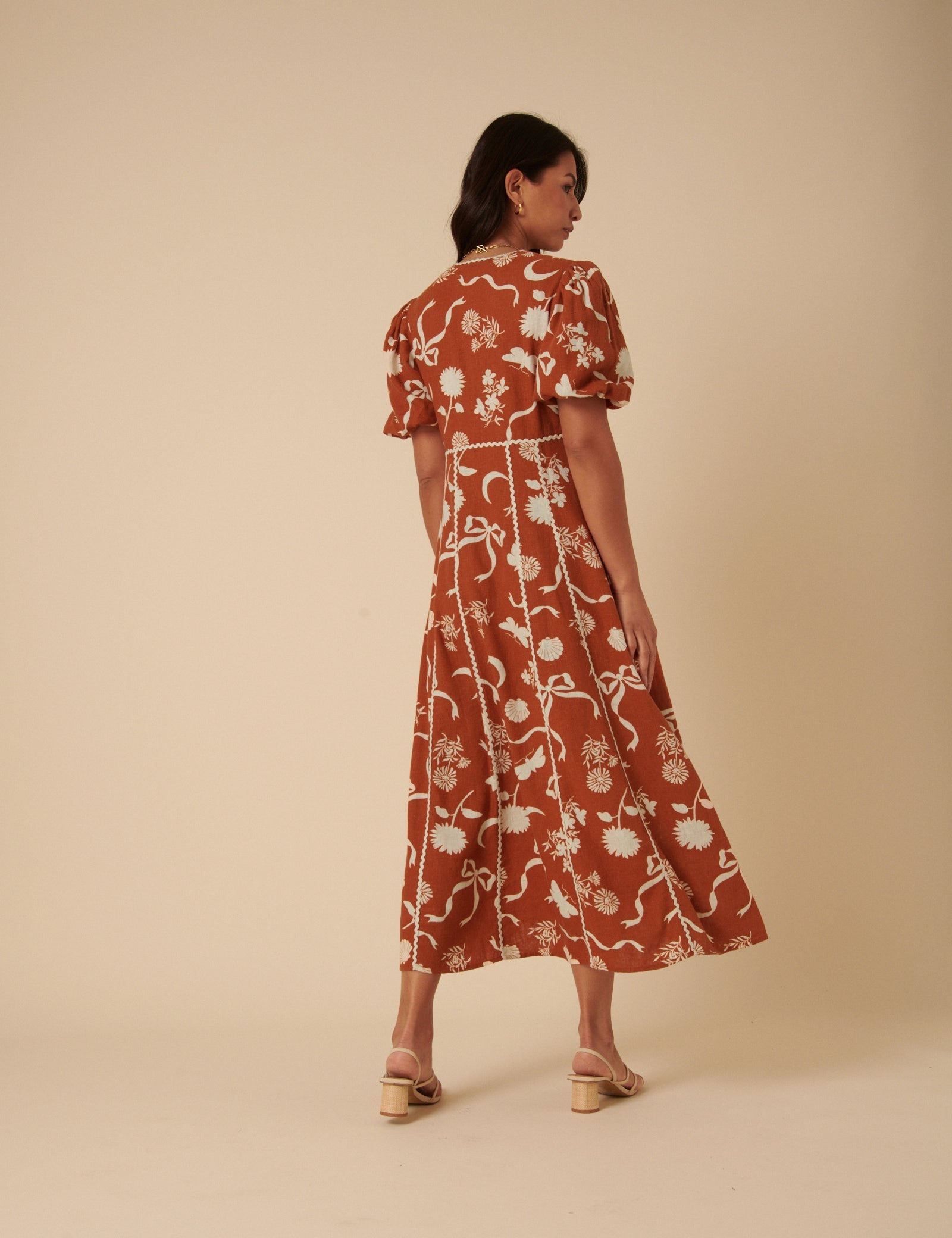 Brown Printed Linen-blend Lucy Midi Dress