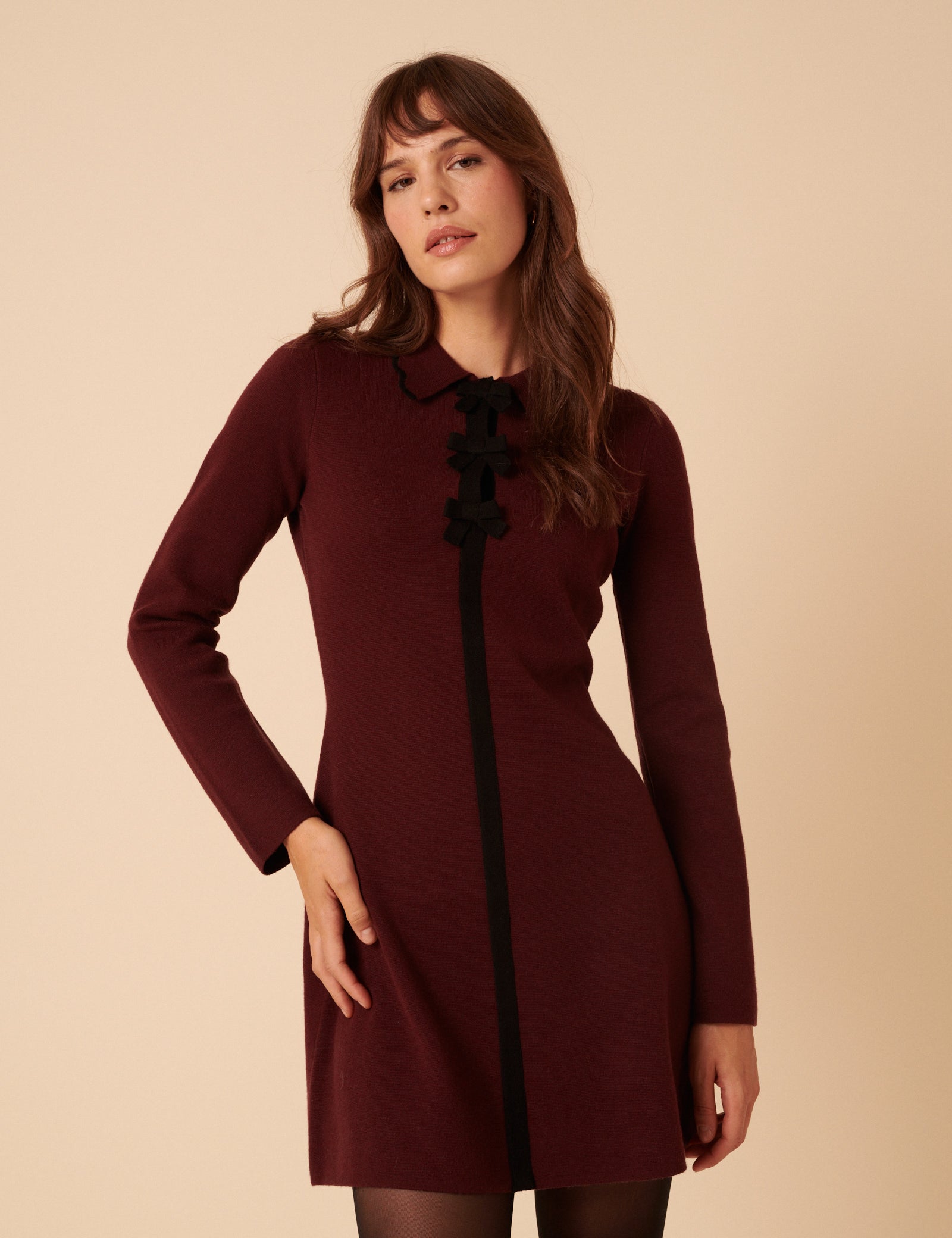 Burgundy Knitted Bow Front Mini Dress