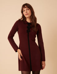 Burgundy Knitted Bow Front Mini Dress