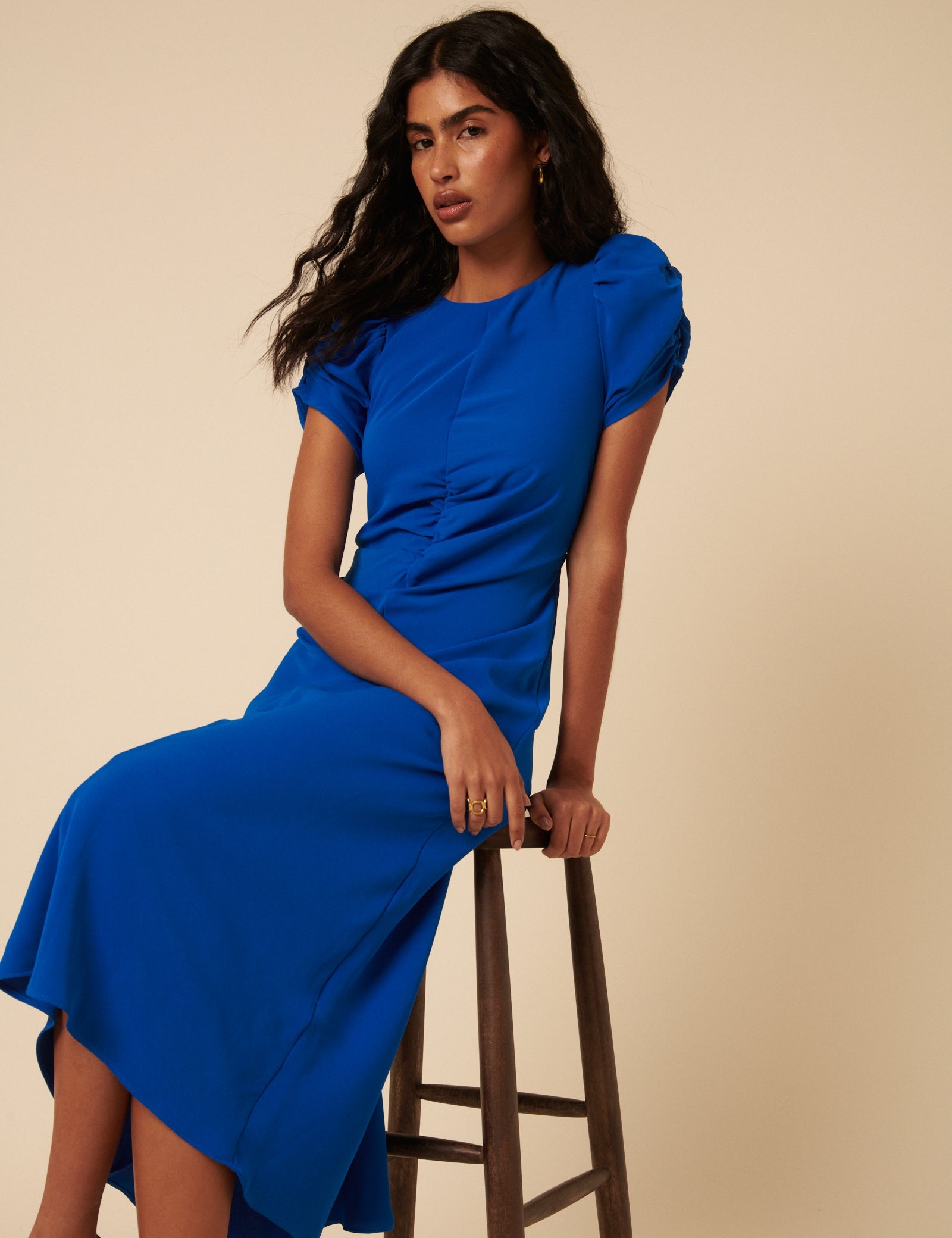 Blue Ruched Naomi Midi Dress