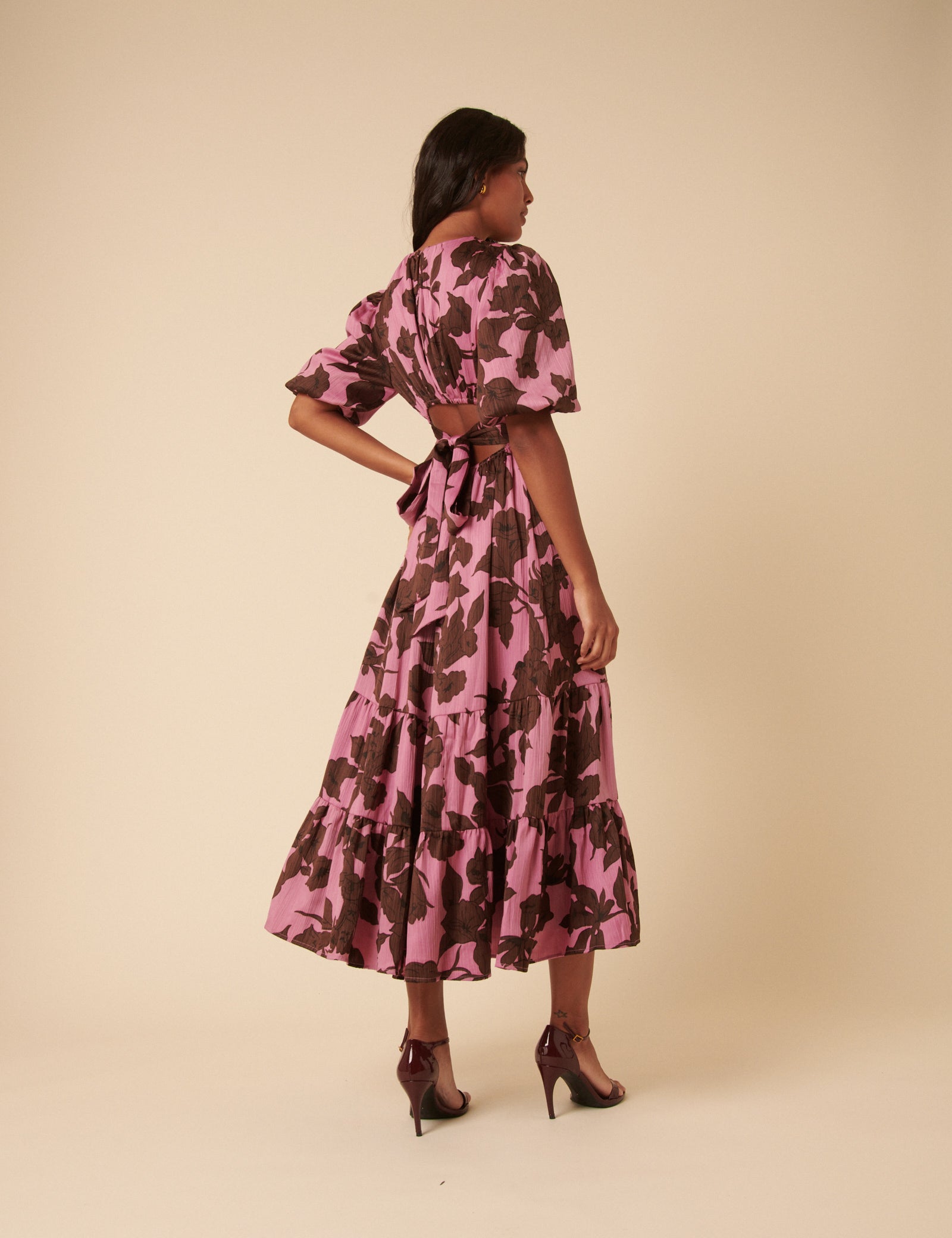 Pink Floral Puff Sleeve Zelda Midi Dress