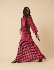 NC x Lisou Burgundy and Pink Printed Scarf Tiered Maxi Dress