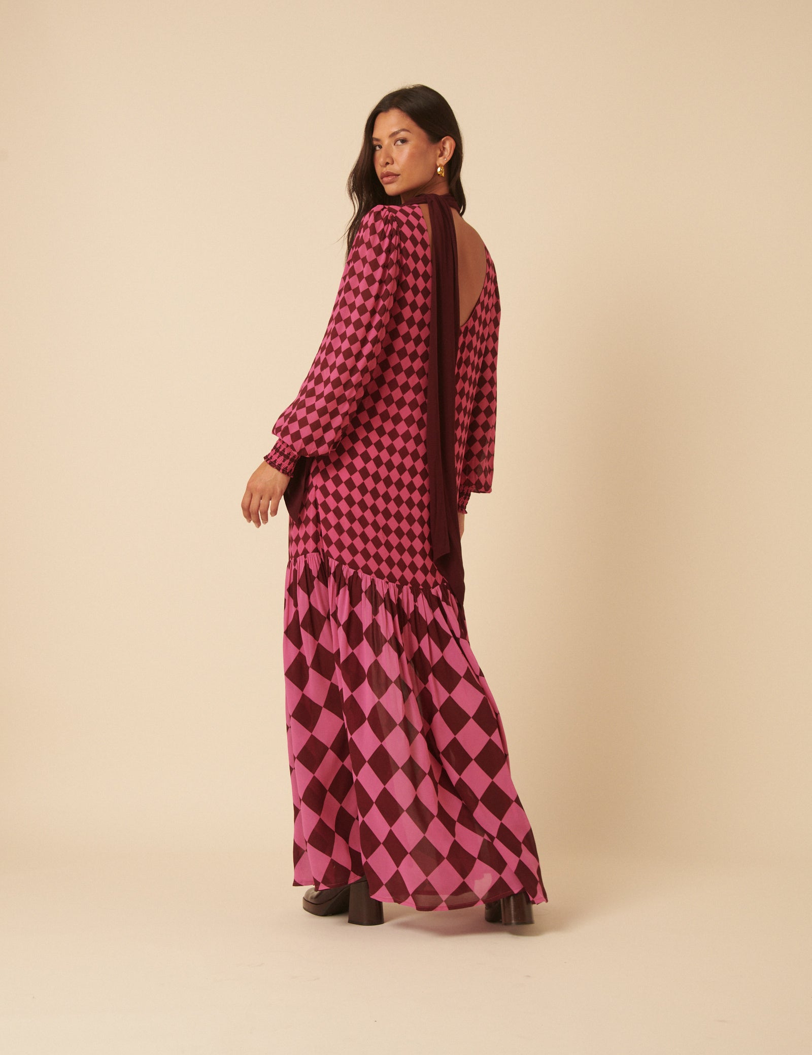 NC x Lisou Burgundy and Pink Printed Scarf Tiered Maxi Dress