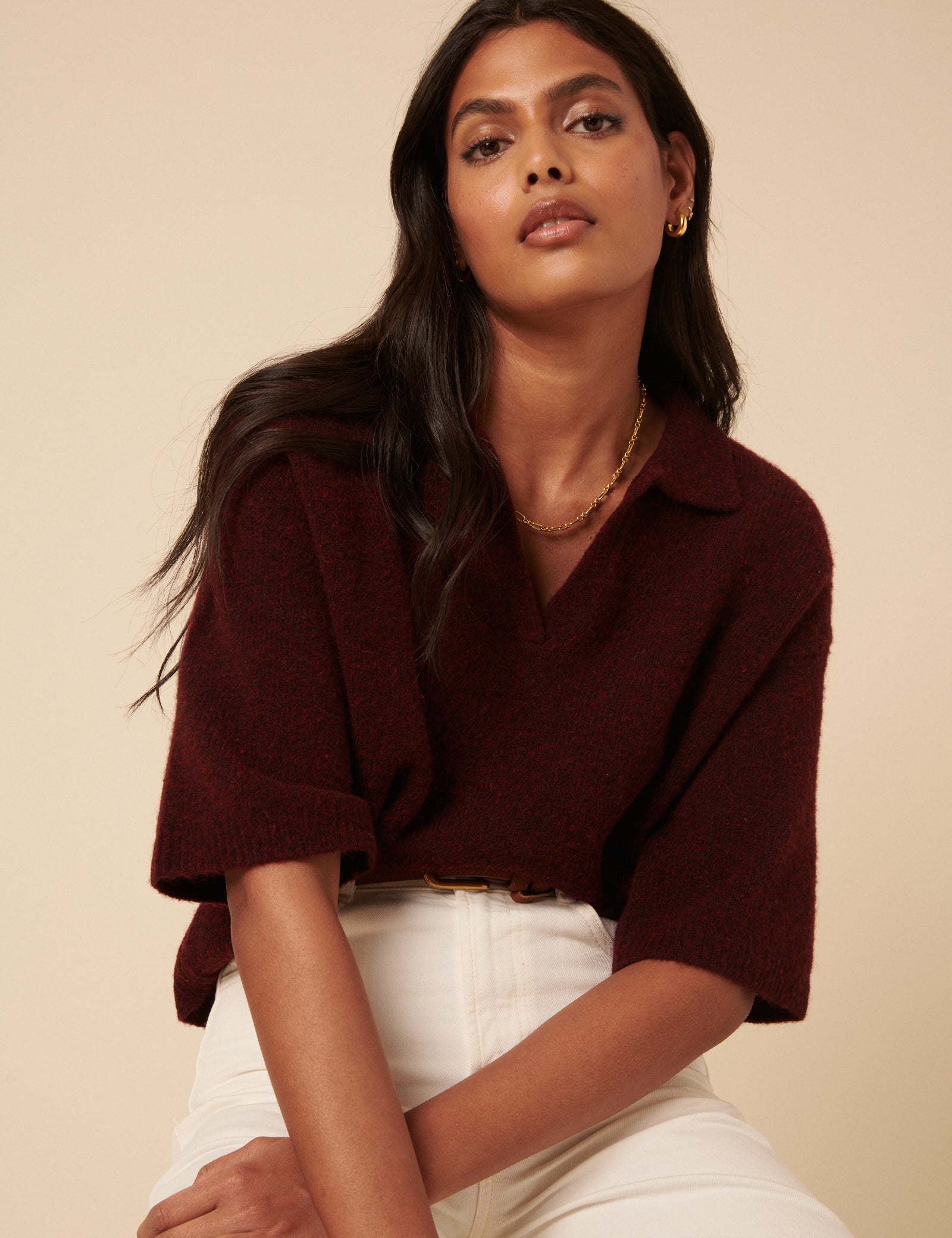 Burgundy Open Collar Polo Knitted T-Shirt